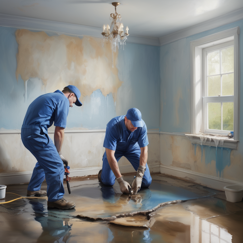 Two plumbers repairing a slab leak beneath a living room floor